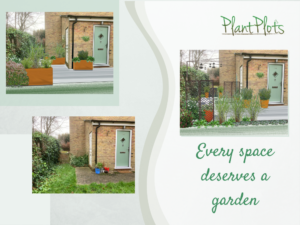 small front garden area redesigned with orange pots, privacy screen and small seating area