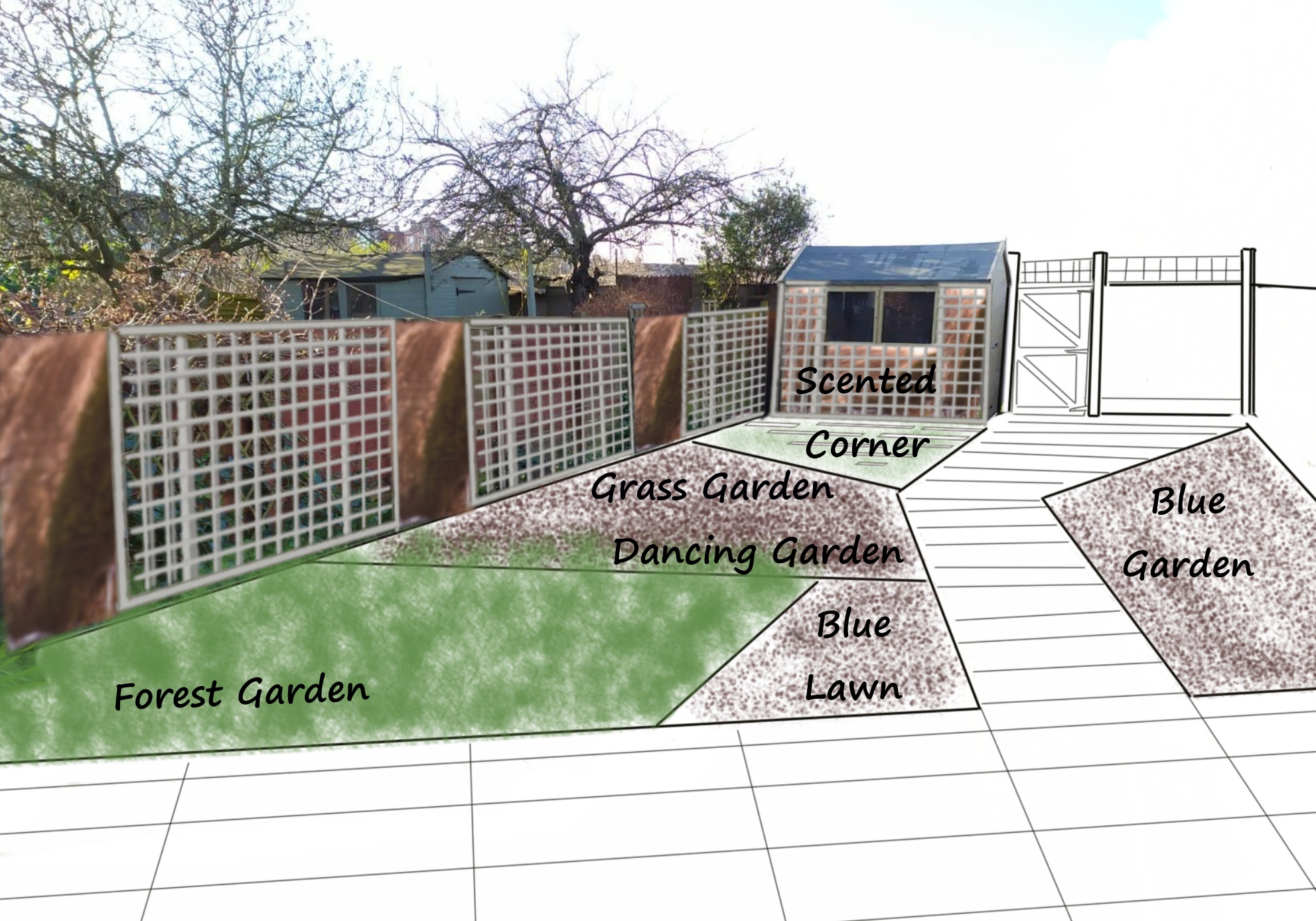 Small City Garden Design Layout DL SV View to shed planted