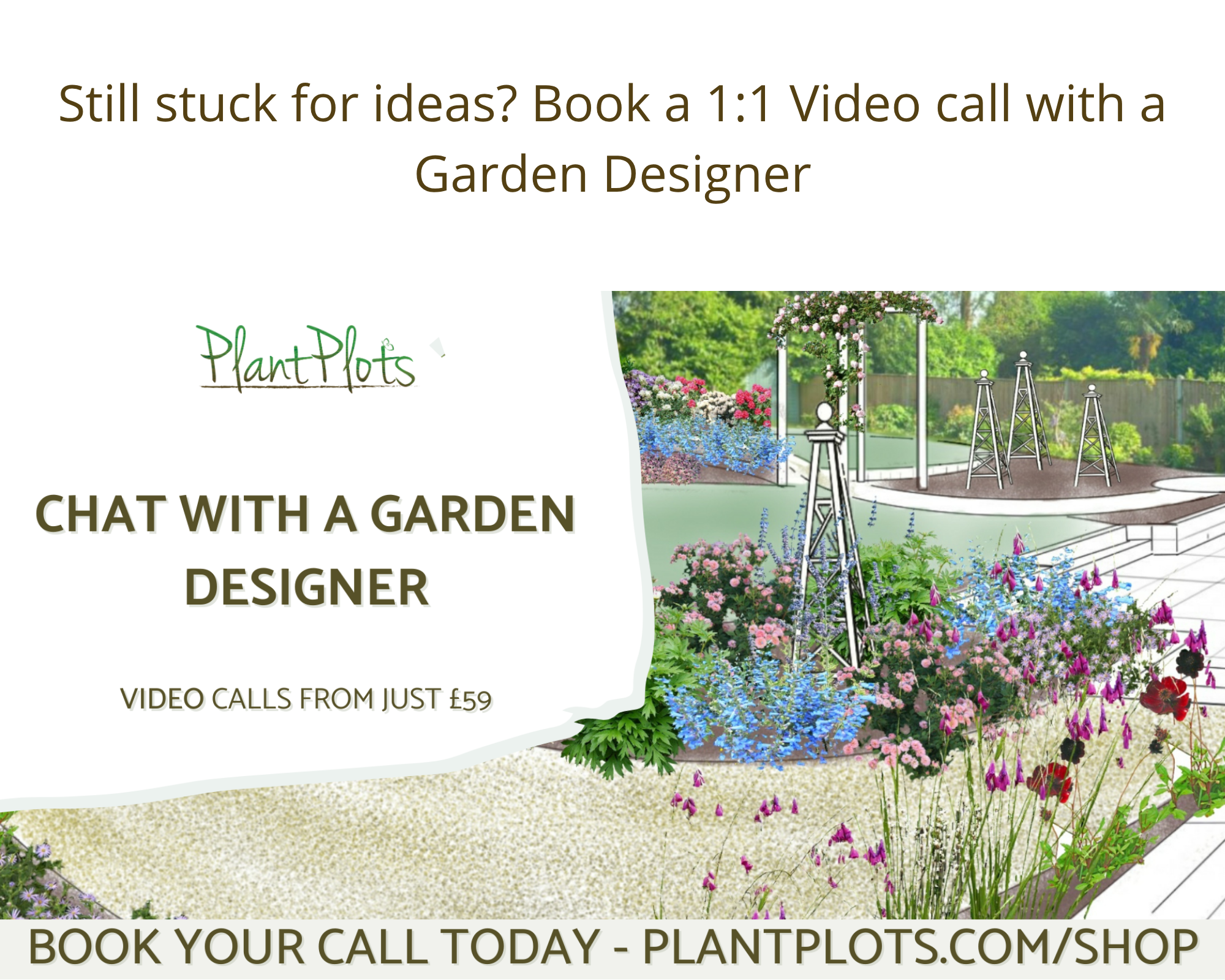 Call to action banner offering a personal backyard garden video consultation for custom planting layouts and DIY landscaping help by PlantPlots
