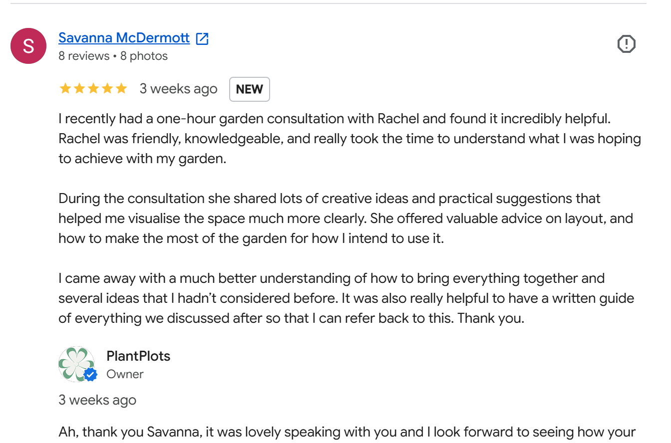 Five-star Google customer review screenshot praising Rachel from PlantPlots for a helpful, inspiring backyard garden video consultation layout example 5