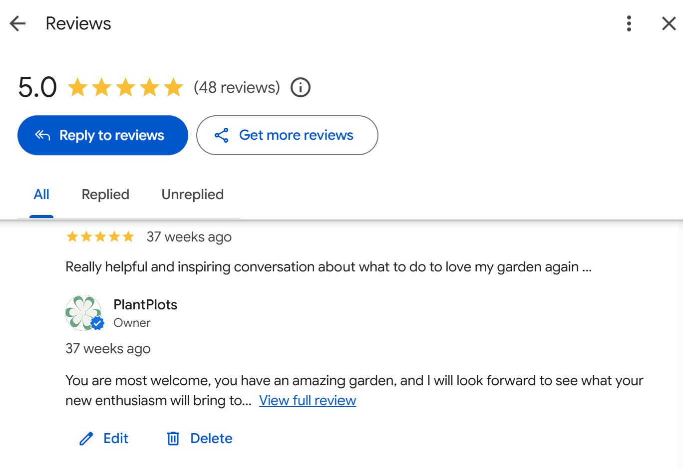 Five-star Google customer review screenshot praising Rachel from PlantPlots for a helpful, inspiring backyard garden video consultation layout example 3